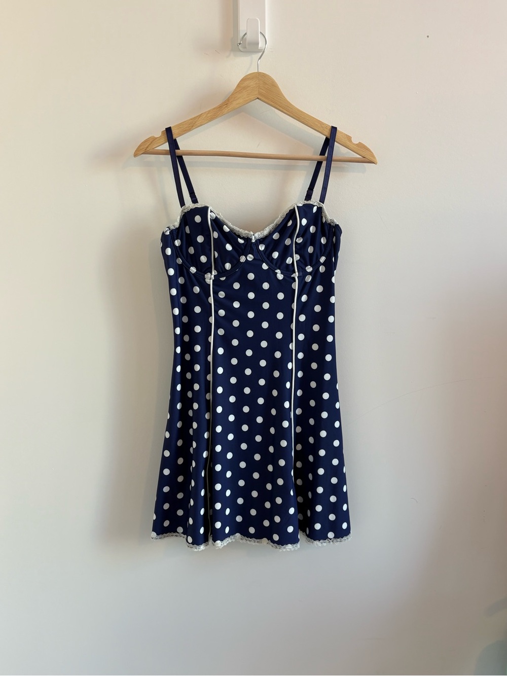Dolls Kill Navy Polka Dot Satin Chemise Slip with Lace Trim